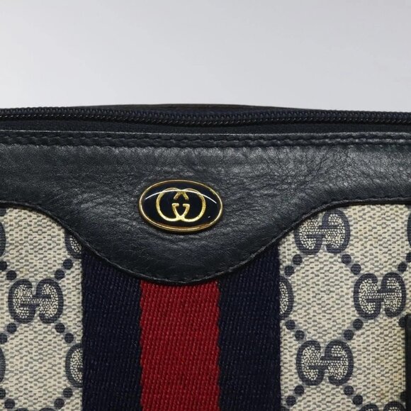 GUCCI GG Supreme Sherry Line Hand Bag PVC Leather Navy Red - Picture 7 of 16